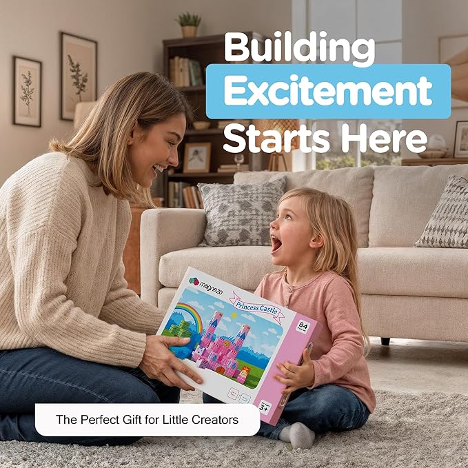 Gift-Ready Magnetic Building Blocks for Kids, Magnet Cubes — Princess Castle Toy Building Sets with Magnetic Storage Board — 84-Piece Pixy Stacking STEM Building Toys for Boys & Girls Ages 3 to 12