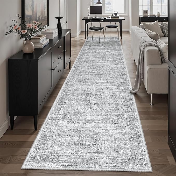 Soalmost Hallway Runner Rug 2'6" x 12' Washable Long Kitchen Rugs Grey | Non-Slip Vintage Runners 2.5x12ft for Bathroom Entryway, Thin Low-Pile Foldable Floor Carpet Mat 12 ft for Corridor Bedroom