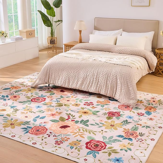 DUKINO 8x10 Area Rugs, Floral Washable Living Room Rug Non Slip, Beige | Low Pile, Stain Resistant, Soft Indoor Large Carpet for Bedroom, Dining Rom, Kids Playroom, Pet Friendly, Modern Home Decor