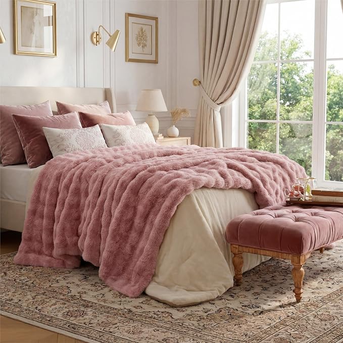Bedsure GentleSoft Bubble Faux Fur King Size Blanket for Bed, Fluffy Fuzzy King Blanket for Winter, Soft Cozy Faux Fur Bedding Thick Warm Plush Decor for Bedroom, Dusty Rose, 104x90