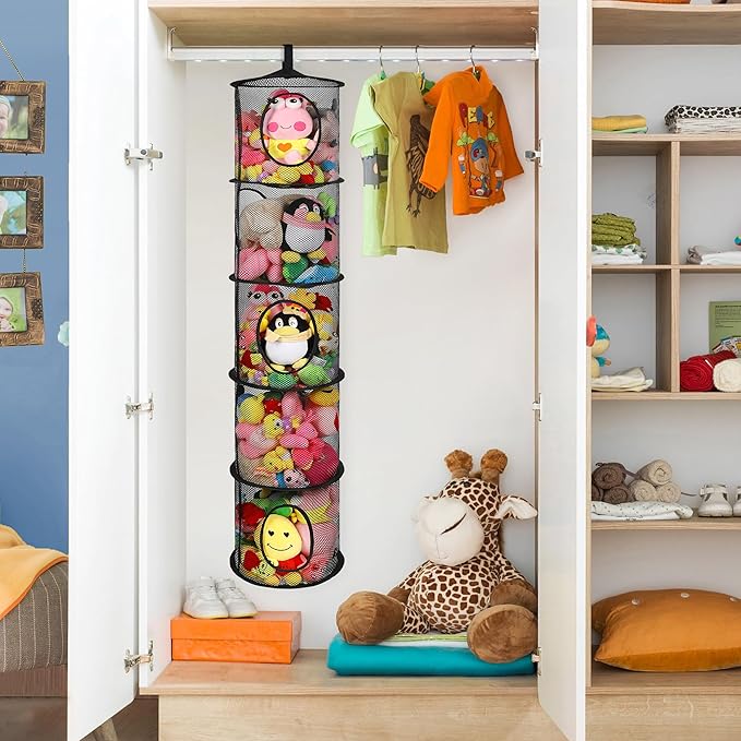 3Pcs Stuffed Animal Storage Foldable Stuffed Animal Net or Hammock Organizer, 5 Compartments Hanging Mesh Toy Storage Hammock for Kid Room Toys, Gloves, Hats, Socks（Black）