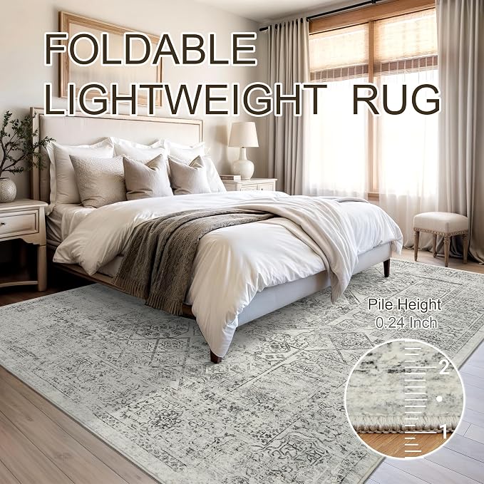 Soalmost Washable Area Rug 8x10 Large Soft Living Room Rugs Light Gray | Farmhouse Vintage Carpet Non-Slip for Dining Bedroom, Stain Resistant Low Pile Foldable Thin Floor Mat Under Table Home Decor