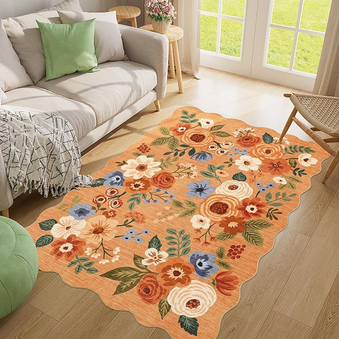 DUKINO 4x6 Area Rug, Non Slip Floral Washable Rug for Living Room, Orange | Low Pile, Stain Resistant, Soft Throw Rugs for Bedroom, Office, Dining Room, Nursery, Pet Friendly, Home Decor, Lightweight