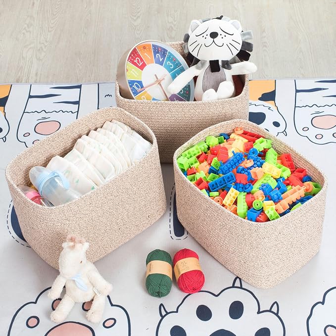 3-Pack Decorative Woven Storage Baskets for Shelves, Cube Bin Box for Organizing Books, Shoes, Dog Toys, Pantry Closet and Living Room Organizer, Oatmeal Brown