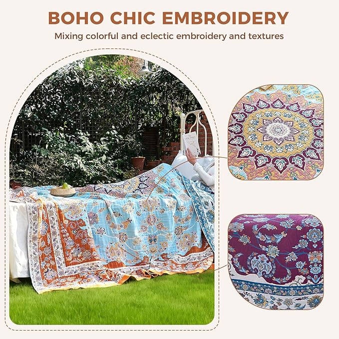 LUTBM Boho Throw Blanket for Couch 50"x60", Cotton Decorative Bed Throws | Reversible Vintage Florals Jacquard, All-Season Lightweight Soft Blankets, For Chair Sofa Bedroom Living Room, Home Decor