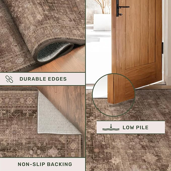 Brown Boho Washable 3x6 Entryway Runner Rug, Indoor Hallway Kitchen Floor Rug, Non-Slip Stain & Fade Resistant, Vintage Dark Neutral Floral Decor