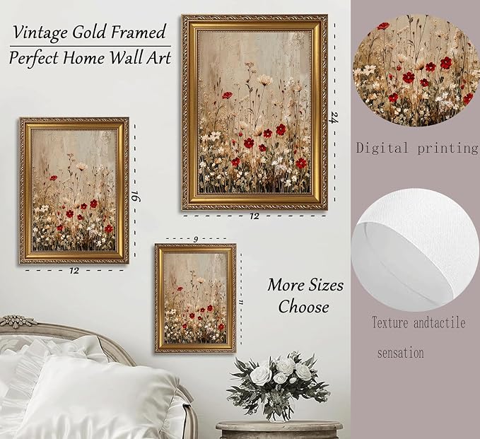 Framed Wildflower Canvas Wall Art,Neutral Plant Picture Wall Decor24x16in | Country Cottagecore Floral Print Artwork For for living room, bedroom, hallway, office or entryway