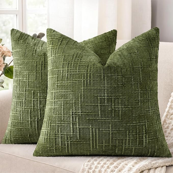 decorUhome Textured Chenille Throw Pillow Covers 22x22 Set of 2 Olive Green | Fall Modern Farmhouse Soft Cozy Slubby Couch Pillow Cases Boho Decorative Pillow Cases for Bed Sofa Living Room Home Decor