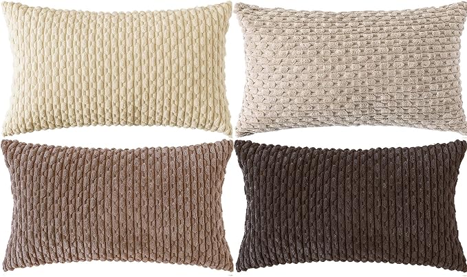 Set of 4 Beige Brown Coffee Decorative Throw Pillow Covers 12x20 Inch Corduroy Pillow Covers for Bed Couch Sofa Living Room Soft Cushion Cases