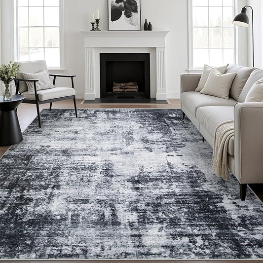 5x8 Area Rug Living Room Rug: Washable Modern Abstract Soft Thin Rug Indoor Floor No Slip Stain Resistant Carpet for Bedroom Dining Room Farmhouse Nursery Home Office - Dark Black