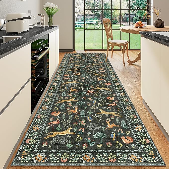 DUKINO 3x10 Washable Runner Rug, Non Slip Animal Rug for Hallway, Black | Low Pile, Stain Resistant, Soft Thin Indoor Rug Runner for Kitchen, Entryway, Bedroom, Bathroom, Pet Friendly, Non-Shedding