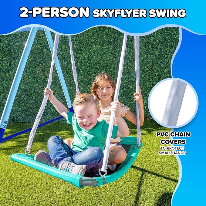 Sportspower Ramona Metal Swing Set 7-in 1: 3 Swings, Climbing Ladder and net, Basketball Hoop, and 5-ft Blow Molded Slide, 700lb Capacity, Yellow & Blue, Bonus Anchor kit Included