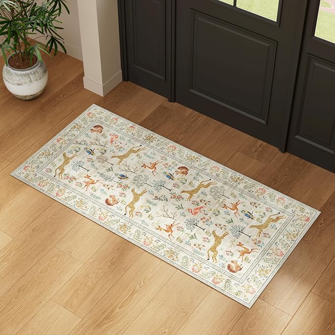 DUKINO 2x4 Rug for Entryway, Animal Washable Runner Rug for Kitchen, Beige | Non Slip, Low Pile, Stain Resistant Thin Indoor Carpet for Hallway, Bedroom, Bathroom, Laundry, Pet Friendly, Non-Shedding