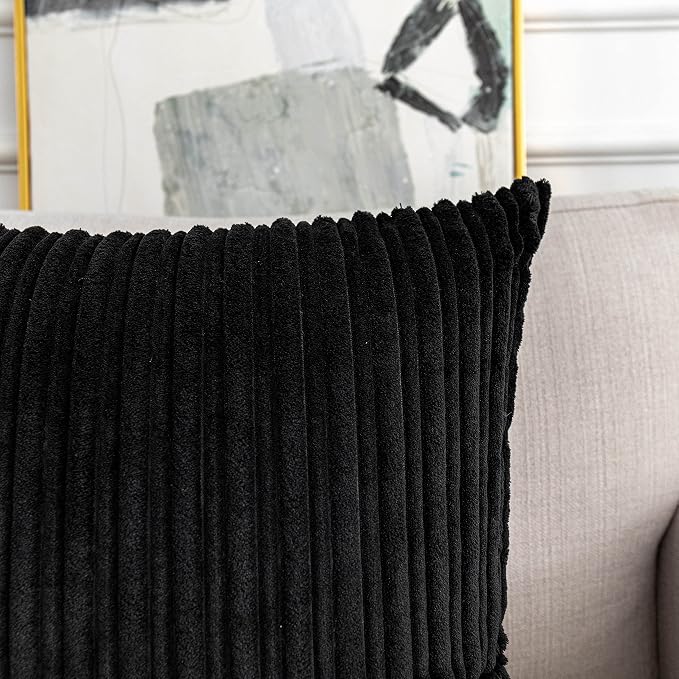 UGASA 14x24 Inch Pillow Cover Pack of 1 Soft Boho Stripe Corduroy Long Rectangular Lumbar Cushion Cover Farmhouse Decorative Throw Pillowcase for Bed, Couch, Sofa, Bedroom, Living Room, Black