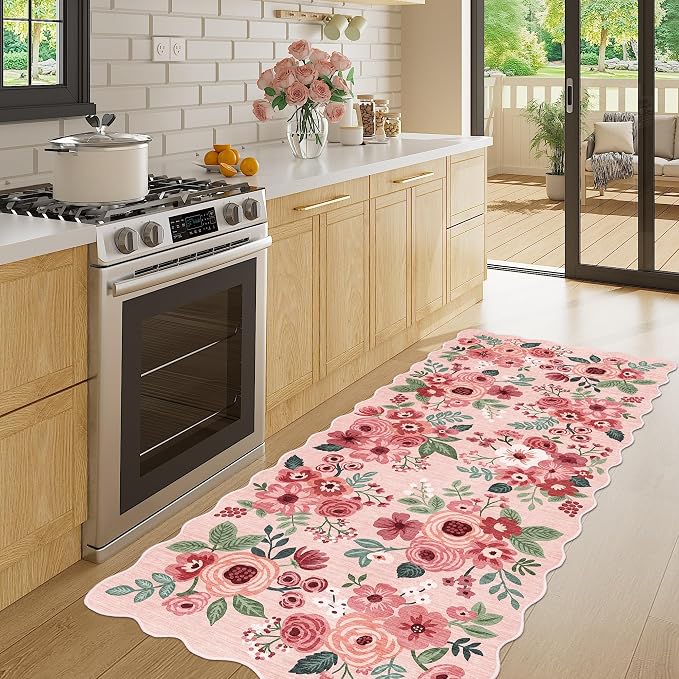DUKINO 2x5 Washable Runner Rug, Floral Non Slip Rug for Kitchen, Pink | Soft, Low Pile, Non-Shedding Throw Rug Runner for Hallway, Entryway, Bedroom, Bathroom, Pet Friendly, Home Decor, Lightweight
