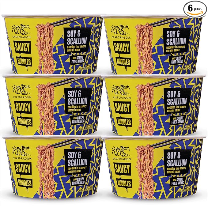 Snapdragon Saucy Instant Noodles with Soy Scallion Sauce - Quick Meal, Snack, and Lunch. 6-Pack Microwave Noodles for Cup, Bowl, Ramen or Asian Stir Fry
