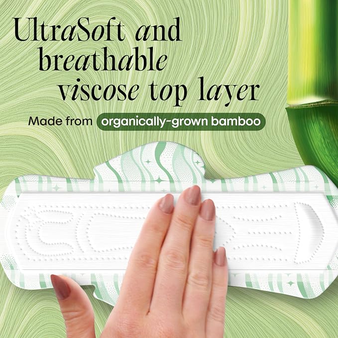 Kotex Bamboo Ultra Thin Pads with Wings, Regular Absorbency, 96 Count (2 Packs of 48)(Packaging May Vary)