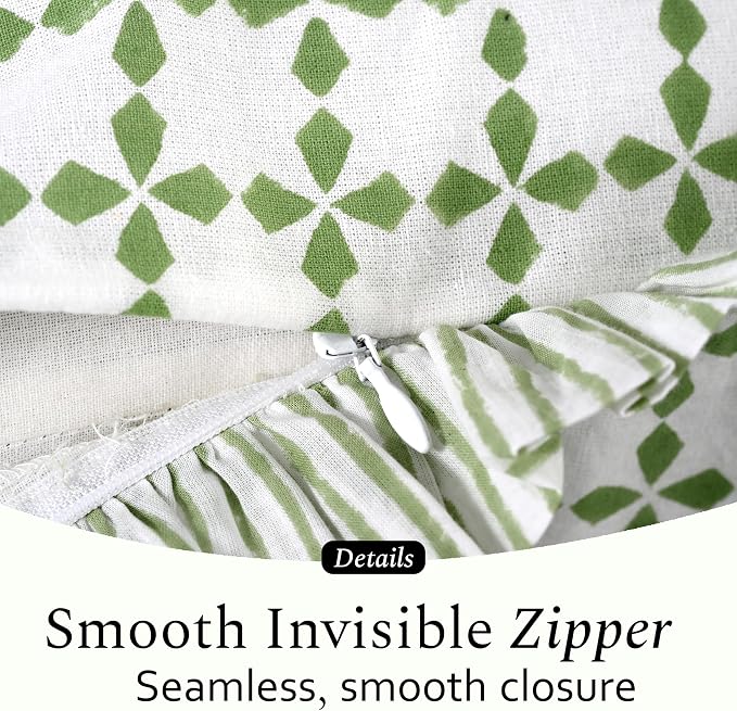 CPC Kelly Green Hand Block Print 100% Cotton Ruffle Throw Pillow Cover 20x20 inch with Hidden Zipper Decorative for Couch, Bed, Sofa, Farmhouse, Cottagecore Decor Gift Christmas Fall Thanksgiving