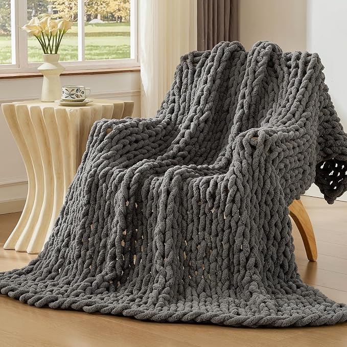 Bigacogo Chunky Knit Throw Blanket for Couch, 40x60 inches, Slate Gray | Hand Knit with Jumbo Chenille, Soft Breathable Cable Knit for Sofa Bed Living Room, Machine Washable, Gift for Mom Friend