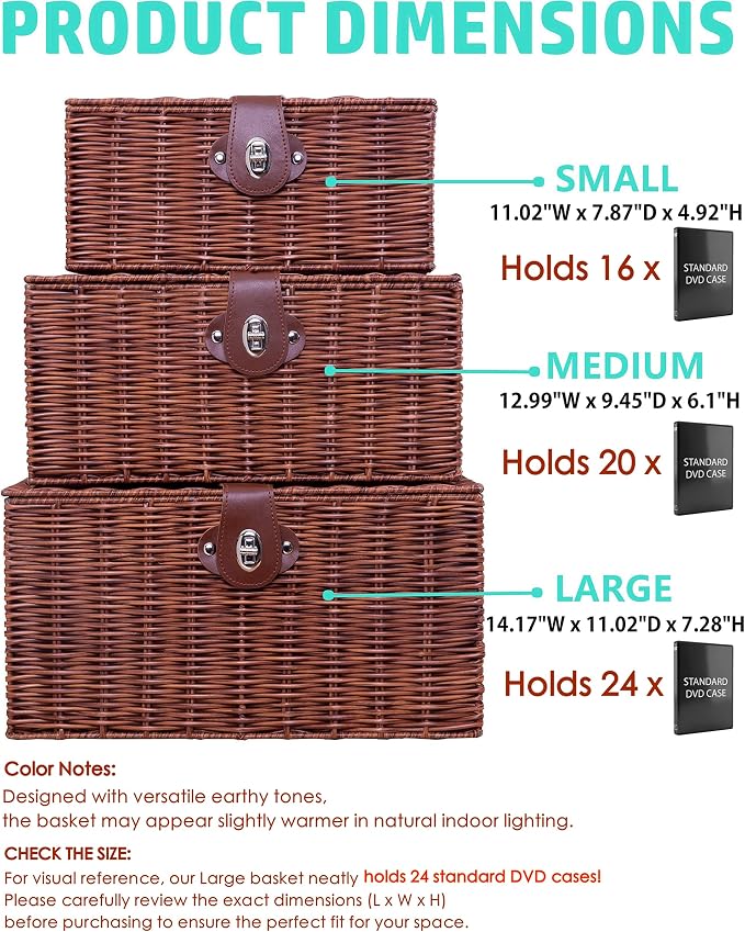 Set of 3 Woven Wicker Storage Basket Box with Lids & Lock, Built-in Carry Handles, Multifunctional Storage Organizer for Nursery, Baby, Toys, CLoset, DVD Large/Medium/Small Size (Natural)