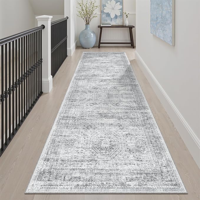 Soalmost Washable Runner Rug 2'6"x8' Kitchen Hallway Runners Grey | Soft Non-Slip 2.5x8ft Carpet for Entryway Bathroom, Low Pile Vintage Foldable Floor Mat for Corridor Laundry Room Bedroom
