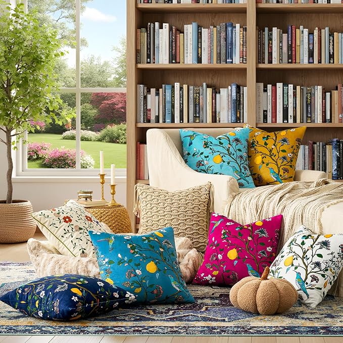 MUSSEL Stone Blue Velvet Floral Decorative 16x16 Pillow Covers Set of 2 | Soft Durable and Sturdy,Bird Plant,Throw Pillows Case,Square,Colorful Modern Cushion Covers,Home Sofa Bed Couch Decor