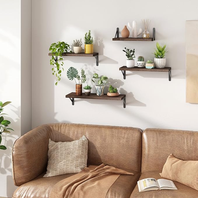 YGEOMER Wall Shelves, 4pcs Different Sizes Dark Carbonized Brown Floating Shelves for Decor