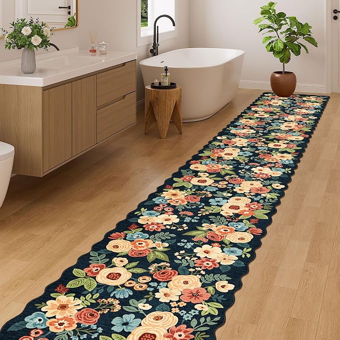 DUKINO 2x14 Hallway Runner Rug, Floral Washable Kitchen Rug, Navy Blue | Non Slip, Low Pile, Soft Long Runner Rugs for Entryway, Bedroom, Bathroom, Laundry, Pet Friendly, Home Decor, Lightweight