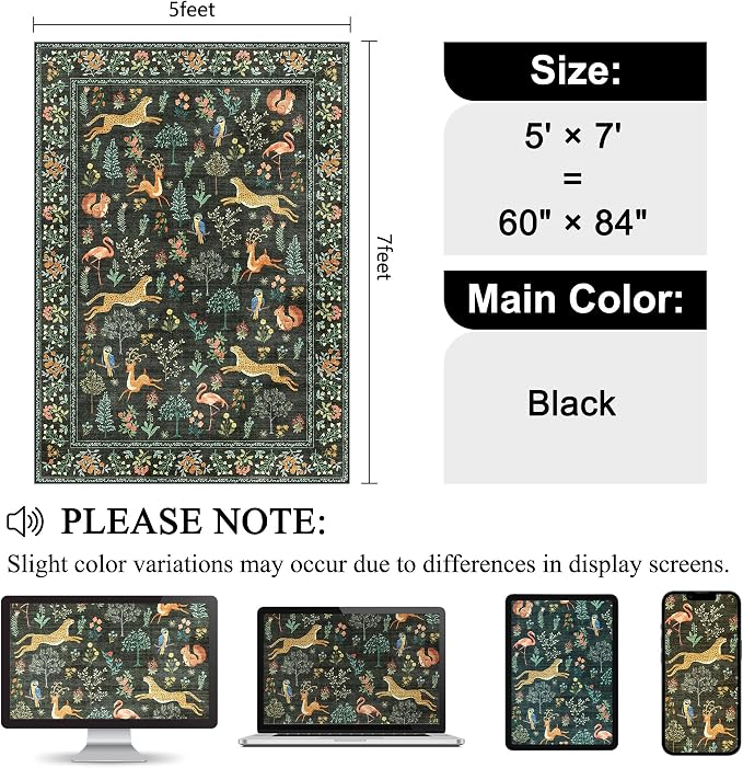 DUKINO 5x7 Area Rugs, Washable Animal Rug for Living Room Non Slip, Black | Low Pile, Soft Indoor Carpet for Bedroom, Kids Room, Dining Room, Pet Friendly, Farmhouse, Stain Resistant, Non-Shedding