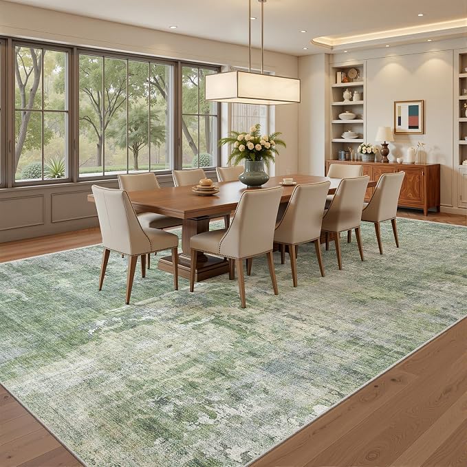 Soalmost Abstract 7x10 Area Rug for Living Room Washable Rugs Green/Ivory | Non-Slip Low-Pile Carpet for Dining Bedroom, Foldable Thin Vintage Stain Resistant Floor Mat Under Table Home Office Nursery