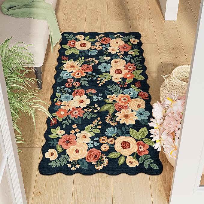 DUKINO 2x4 Rug for Entryway, Floral Washable Kitchen Rugs, Navy Blue | Non Slip, Low Pile, Soft Throw Runner Rug for Hallway, Bedroom, Bathroom, Laundry, Pet Friendly, Home Decor, Stain Resistant