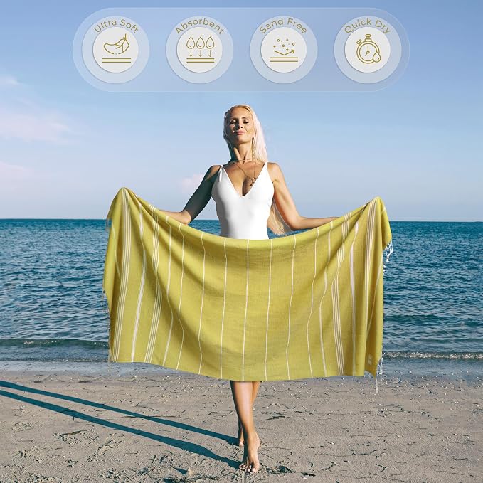 Ossano Turkish Beach Towel Quick Dry & Absorbent Oversized (39" x 71") - Compact, Versatile and Functional as Yoga Mat, Picnic Blanket, Travel Blanket, Bath, Camp and Shower Towel - Yellow
