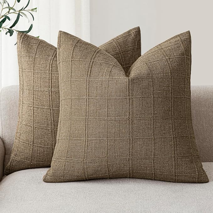 Foindtower Set of 2 Decorative Linen Check Throw Pillow Covers Neutral Farmhouse Vintage Cushion Covers Modern Boho Home Decor for Sofa Chair Couch Bedroom Living Room,20×20 Inch, Brown