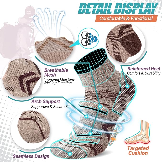 ANTSANG 6 Pairs Merino Wool Quarter Ankle Hiking Running Socks Compression Thermal Thick Cushion Socks for Women Men