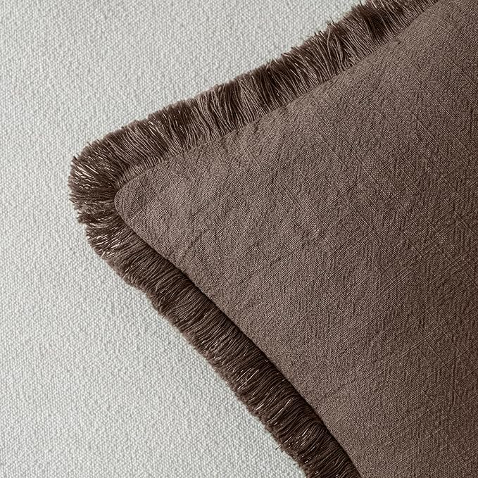 MIULEE Linen Fringe Decorative Fall Euro Pillow Covers Reddish Brown 22x22 | Set of 2, Cottagecore Decor, Boho Farmhouse Neutral Pillow Covers, Rustic Fall Couch Cushion Cases for Sofa Bed Living Room