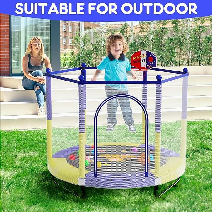 VGMiu 60" Trampoline for Kids, 5 FT Indoor & Outdoor Toddler Baby Trampoline with Basketball Hoop, Safety Enclosure, Birthday Gifts for Kids, Gifts for Boy and Girl, Age 3-8
