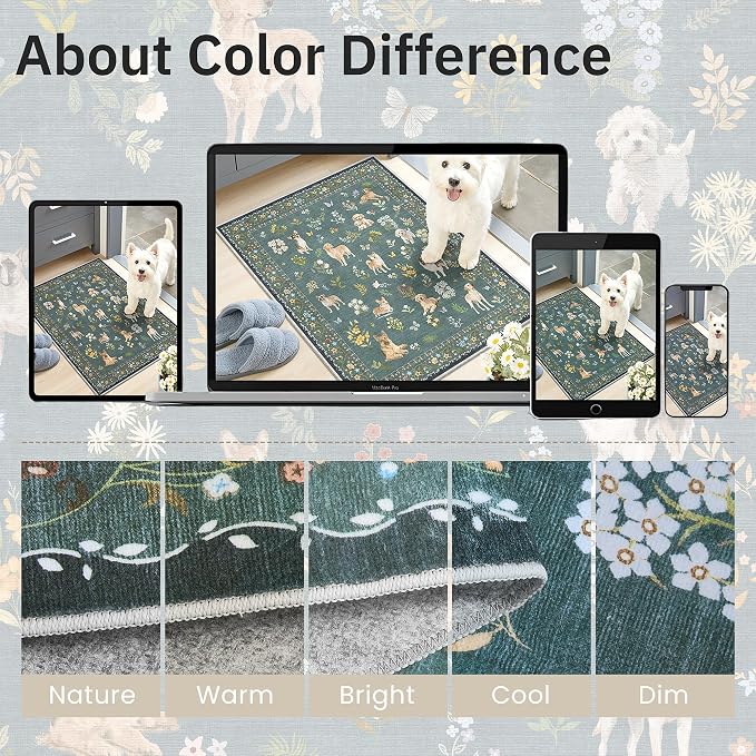 Soalmost Dog 5x7 Area Rugs for Living Room, Washable Soft Rug Navy Blue | Floral Vintage Non-Slip Low Pile Cute Animal Throw Rugs for Kitchen Dining Room Bedroom Nursery Playroom 5' x 7'