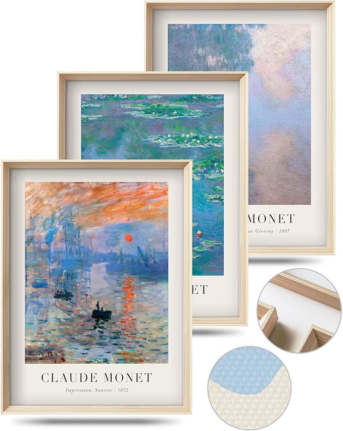 HesenDot Framed Claude Monet Water Lilies Canvas Wall Art Set of 3 12x16in | Vintage Impressionist Botanical Painting, High Framed Design Prints, Classic Wall Decor for Living Room Bedroom Bathroom