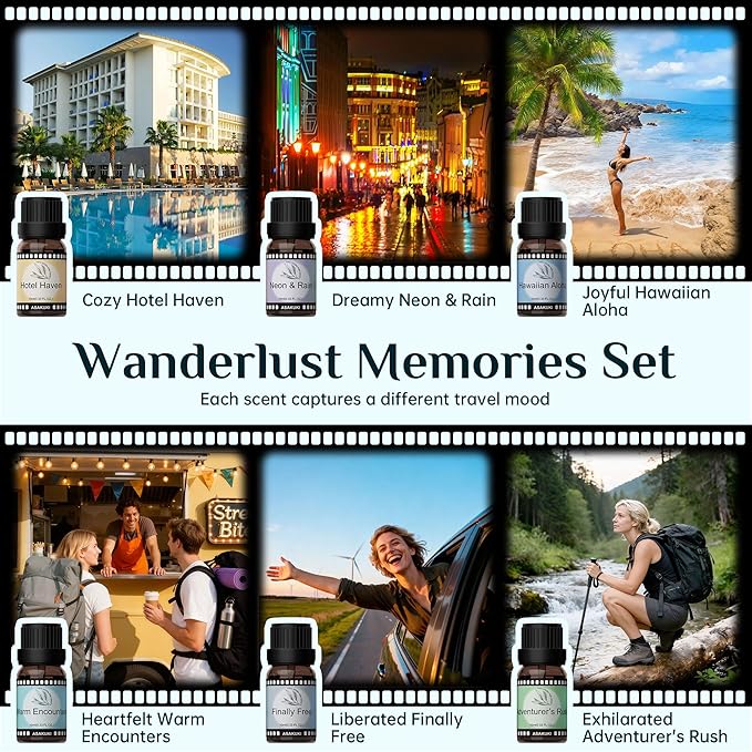 ASAKUKI Essential Oils for Diffusers for Home, Luxury Home Scents, 6 * 10ml | Travel-Inspired Luxury scent, for Diffusers & Waterless Diffusers, Gift-Ready Home fragrance Set, Bedroom and living room use