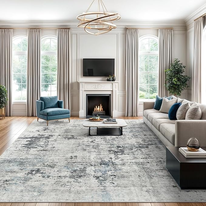 Soalmost Abstract Rug 8x10 Large Living Room Area Rugs Washable Gray/Blue | Modern Non-Slip Carpet for Dining Bedroom, Stain Resistant Foldable Thin Low Pile Floor Mat Under Table Home Office Decor