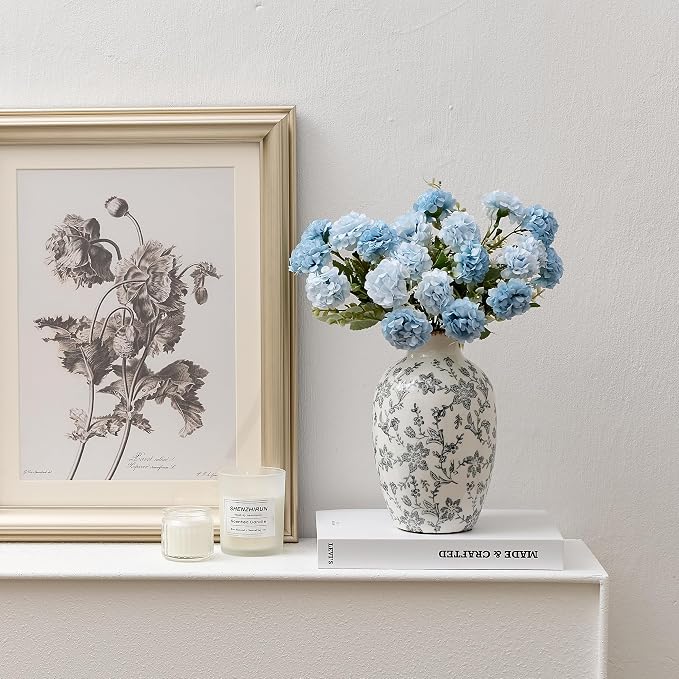 Gray Vintage Chinoiserie Floral Vase, 7.95" Decorative Flower Vase, Modern Farmhouse Ceramic Vase for Home Decor, Living Room, Bookshelf, Office, Entryway, Garden, Chinoiserie Decor, Tuscan Decor