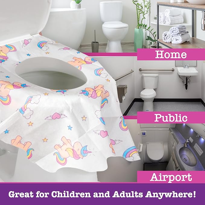 Potty Shields Toilet Seat Covers Disposable (12 pk, Unicorns) - XL Waterproof Toilet Cover for Toddlers, Kids & Adults - Portable & Individually Wrapped for Travel, Potty Training, Public Restrooms