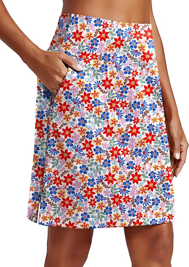 PINSPARK 20" Skorts for Woman Knee Length UPF 50+ Golf Skirts | 4 Pockets, Built-in Shorts, High Waisted, Split Hem, Silky-smooth, Moisture-wicking, for Golf Athletic Tennis Workout Casual