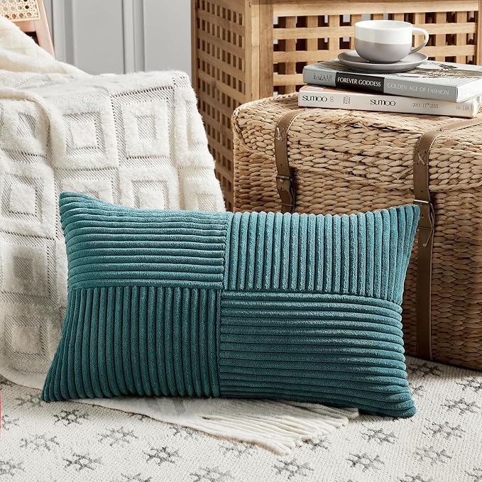 Fancy Homi 2 Packs Teal Long Lumbar Decorative Throw Pillow Covers 12x24 Inch for Couch Bed Sofa, Rustic Farmhouse Boho Home Decor, Soft Striped Corduroy Rectangle Accent Cushion Case 30x60 cm