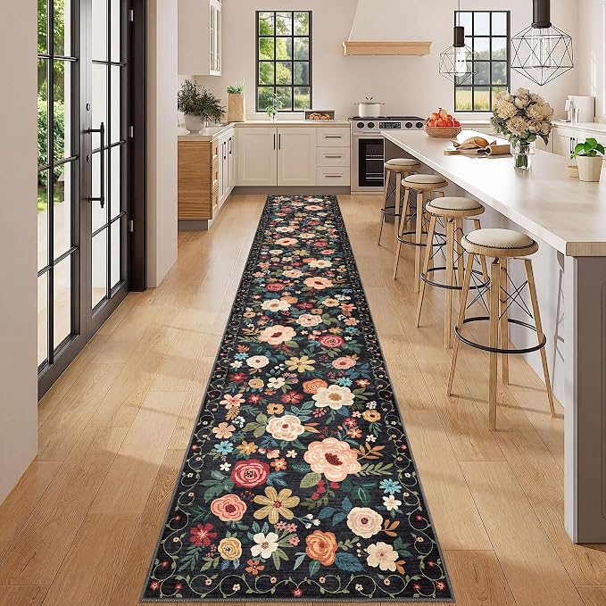 DUKINO 2x12 Washable Runner Rug, Non Slip Long Kitchen Runner Rug, Black | Floral, Low Pile, Soft Indoor Rug Runner for Hallway, Entryway, Bedroom, Bathroom, Laundry, Pet Friendly, Modern Home Decor