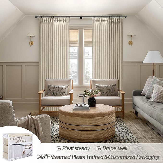 Boho Viral Linen Curtains 84 Inch Length 2 Panels Set for Living Room, Warm Beige Pinch Pleated Semi Sheer Window Drapes Light Filtering Soft Burlap Bedroom Curtain with Back Tab 40 x 84 Inches Taupe