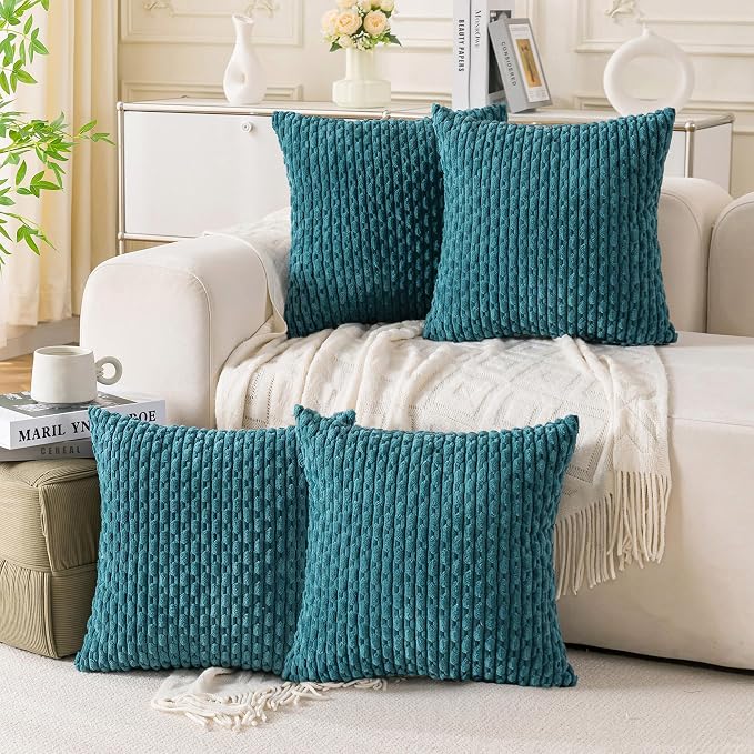 Set of 4 Teal Decorative Throw Pillow Covers 22x22 Inch Corduroy Pillow Covers for Bed Couch Sofa Living Room Soft Square Cushion Cases