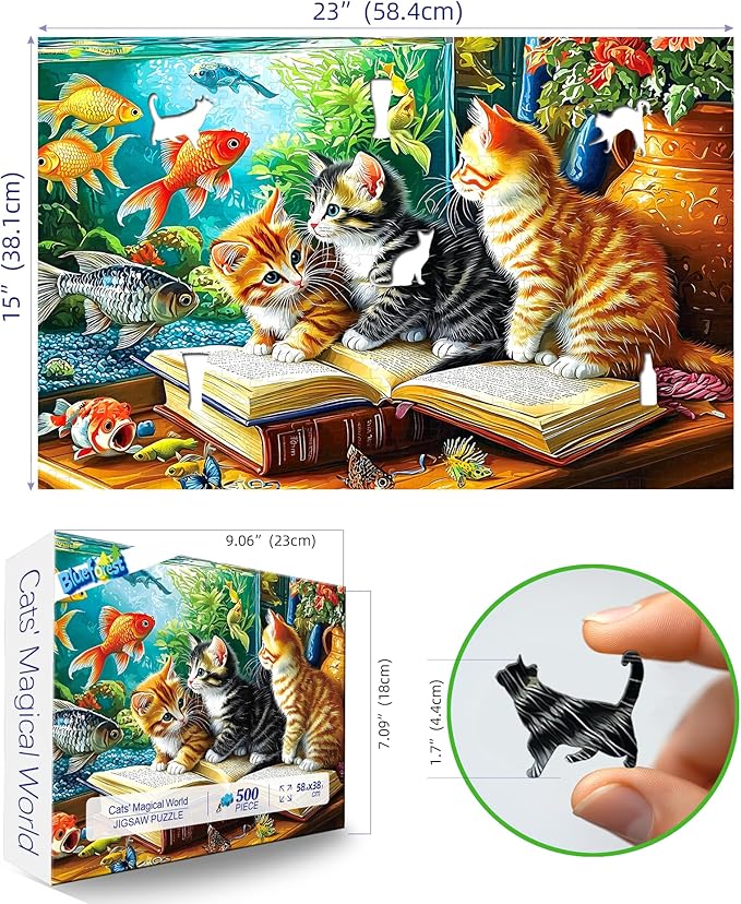 500 Piece Jigsaw Puzzles for Adults - Cats & Goldfish Aquarium Scene Colorful Kittens Book Puzzle with Letters on Back for Seniors Perfect for Game Night (23x15 Inch)