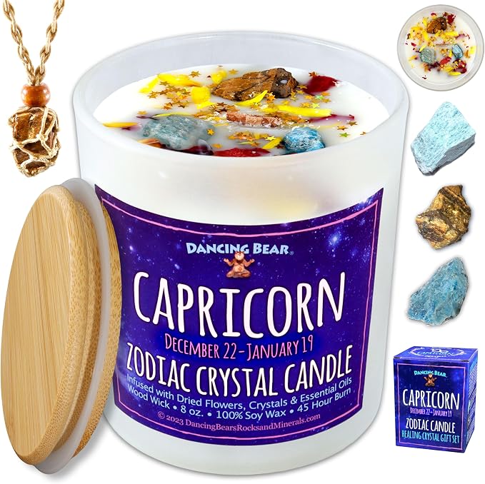 DANCING BEAR Capricorn Zodiac Candle Gift Box Set with 3 Healing Crystals & Stone Holder Necklace, 100% Soy Scented Wax, Crackling Wood Wick, 45 Hour Burn Time