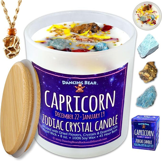 DANCING BEAR Capricorn Zodiac Candle Gift Box Set with 3 Healing Crystals & Stone Holder Necklace, 100% Soy Scented Wax, Crackling Wood Wick, 45 Hour Burn Time